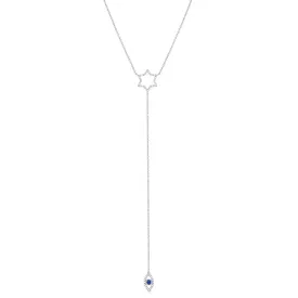 18K White Gold Diamond and Sapphire Star of David Evil Eye Pendant Necklace