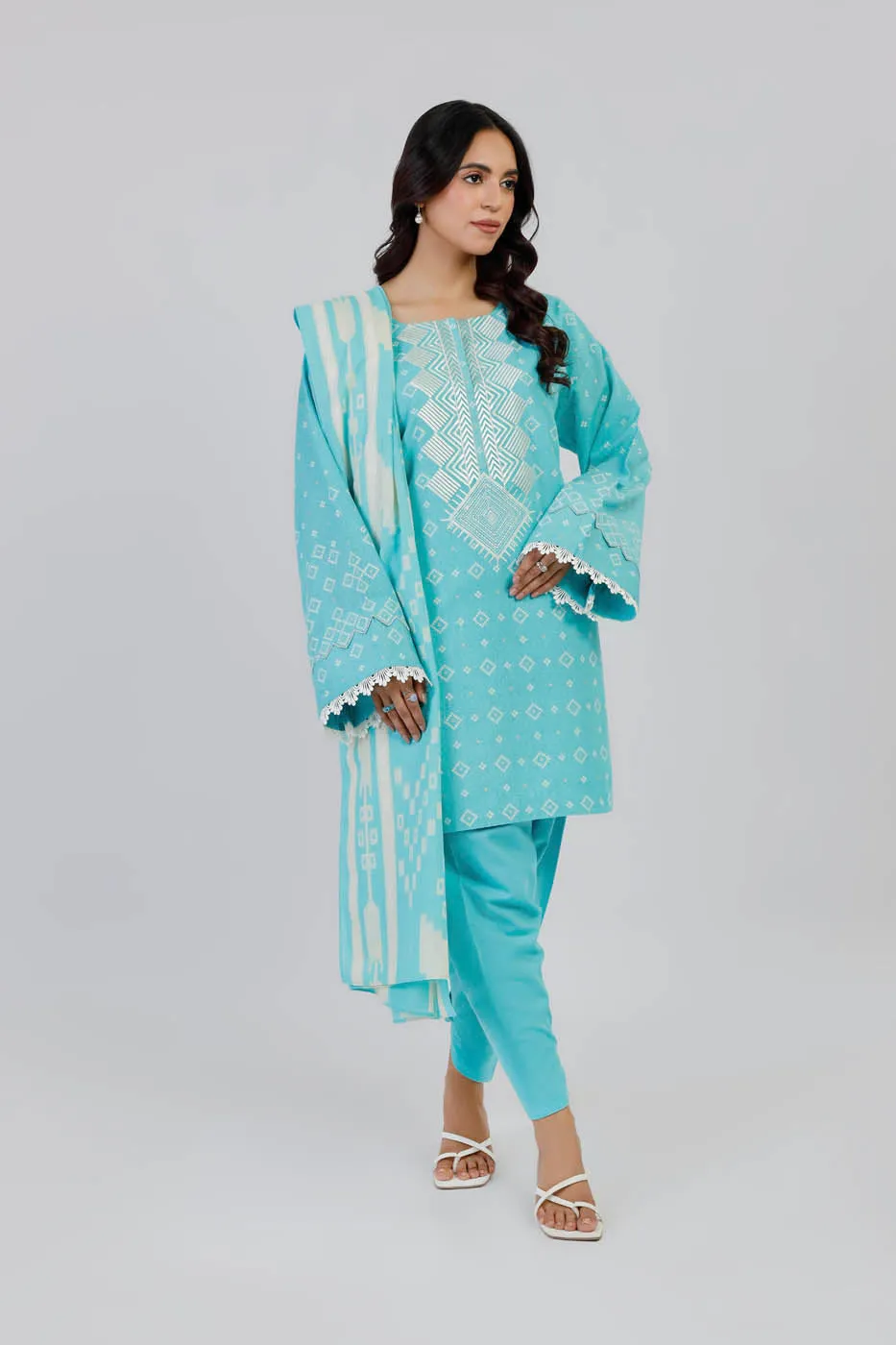 3 Piece Embroidered Karandi Suit With Karandi Dupatta