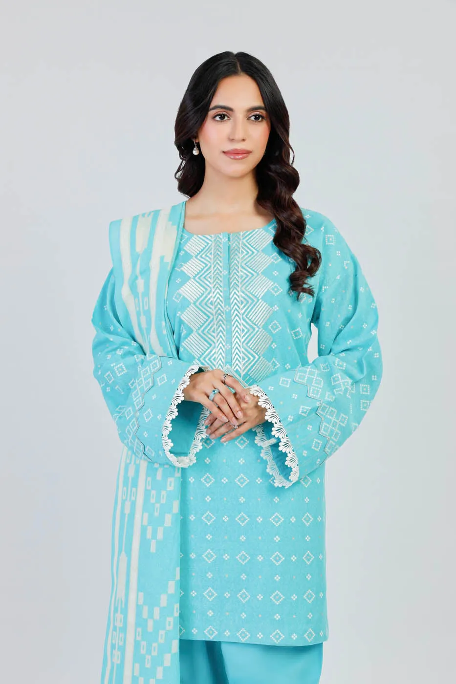 3 Piece Embroidered Karandi Suit With Karandi Dupatta