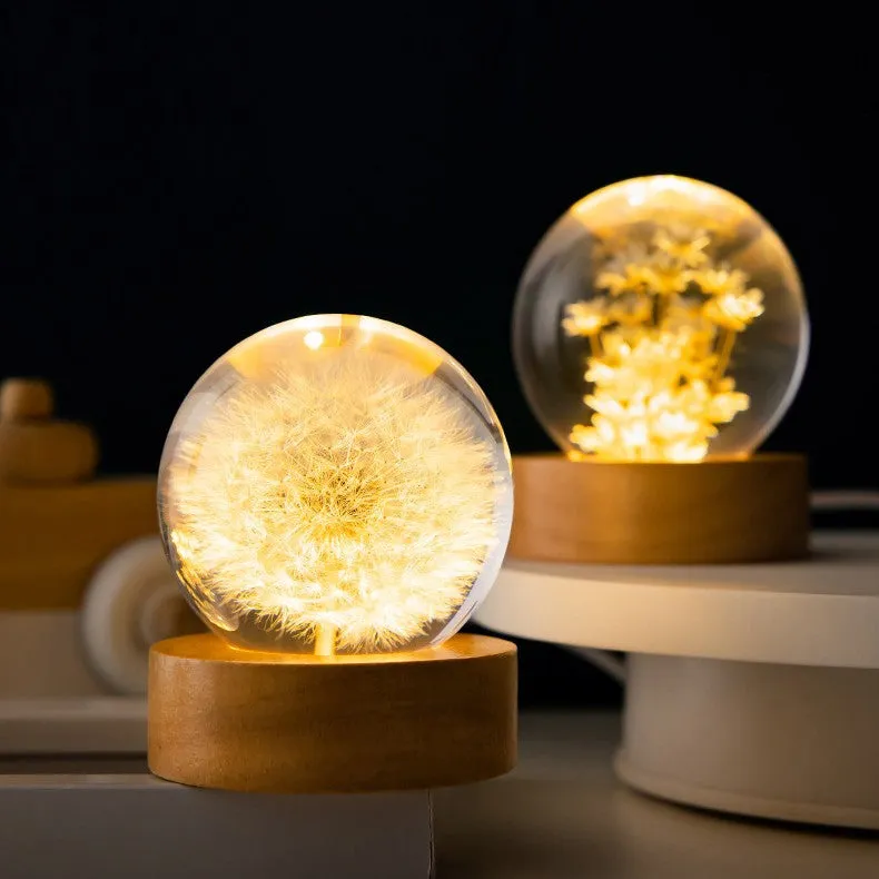 3D Dandelion Flowers Crystal Ball Lamp with Beech Wooden Base - Elegant Night Light