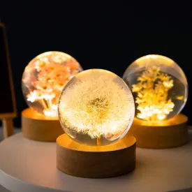 3D Dandelion Flowers Crystal Ball Lamp with Beech Wooden Base - Elegant Night Light