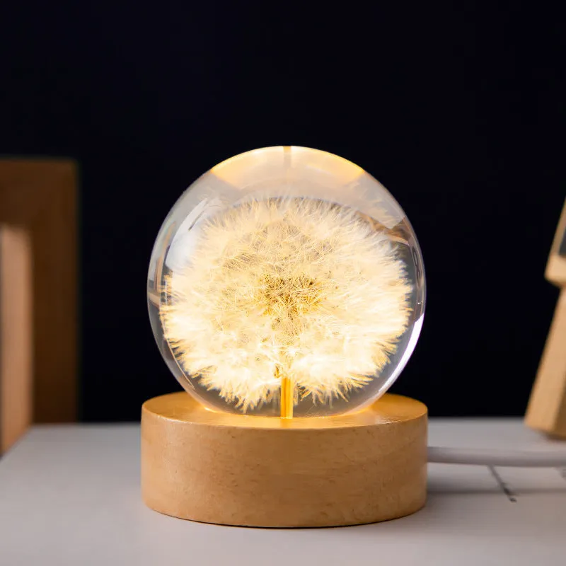 3D Dandelion Flowers Crystal Ball Lamp with Beech Wooden Base - Elegant Night Light