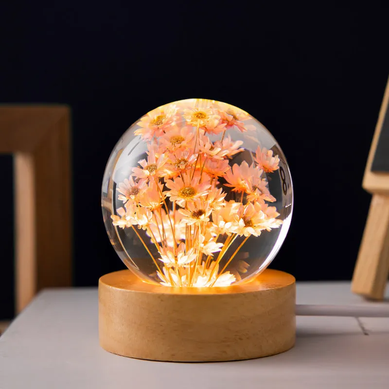 3D Dandelion Flowers Crystal Ball Lamp with Beech Wooden Base - Elegant Night Light
