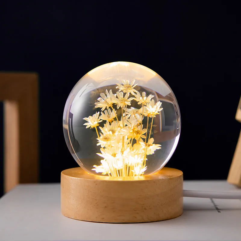 3D Dandelion Flowers Crystal Ball Lamp with Beech Wooden Base - Elegant Night Light
