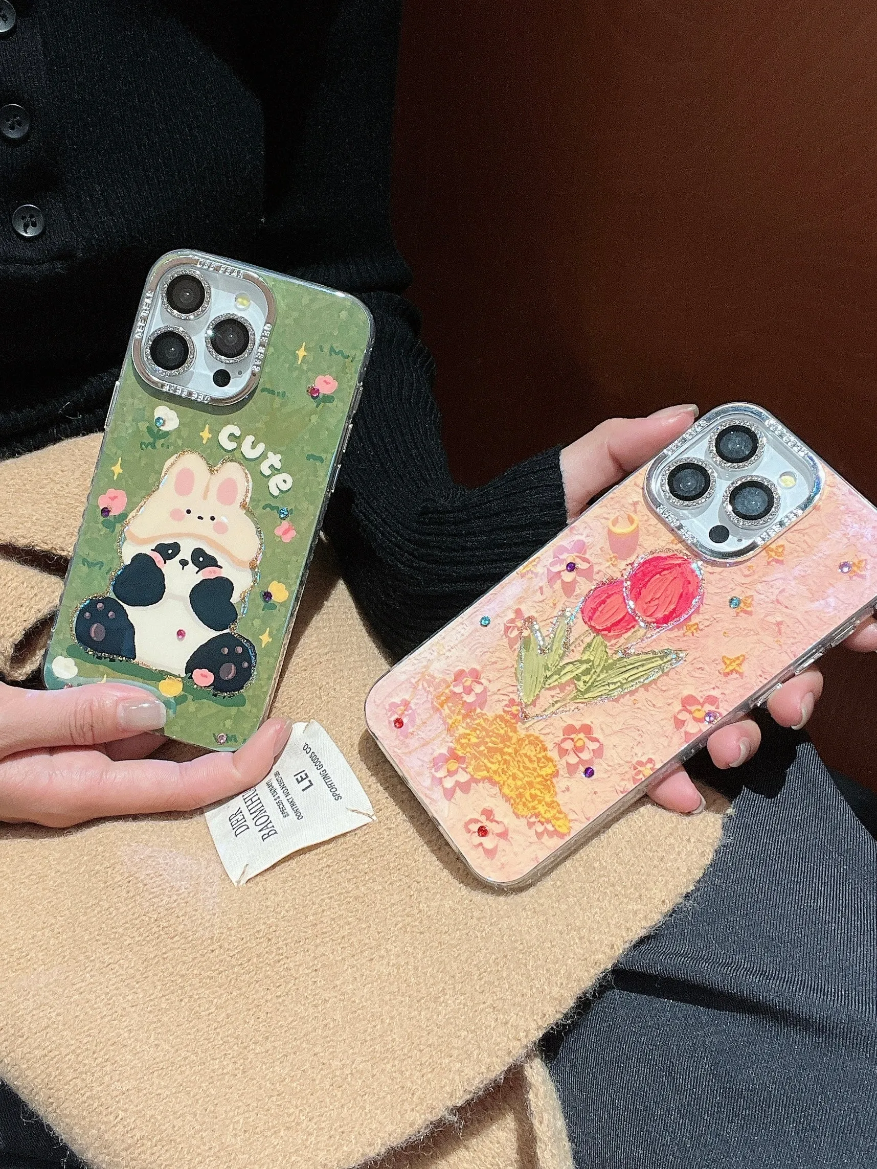 3D Effect Holographic Effect Silicon Case for iPhone With Diamond Camera Protection ( Lily And Panda)