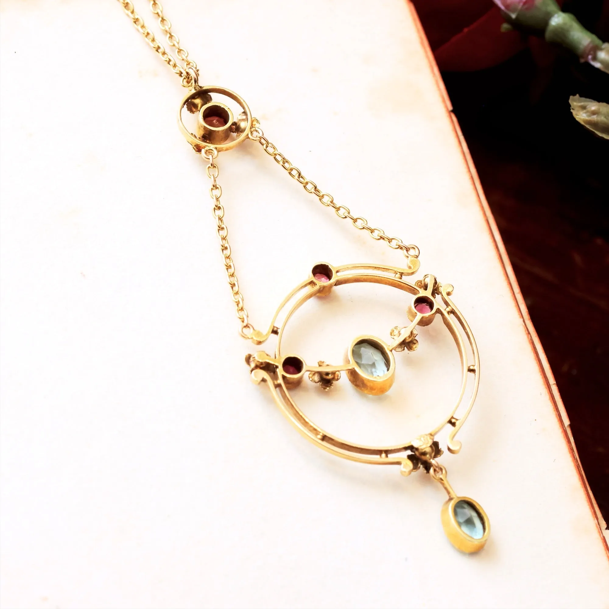 Antique Edwardian Aquamarine & Tourmaline Lavaliere Pendant