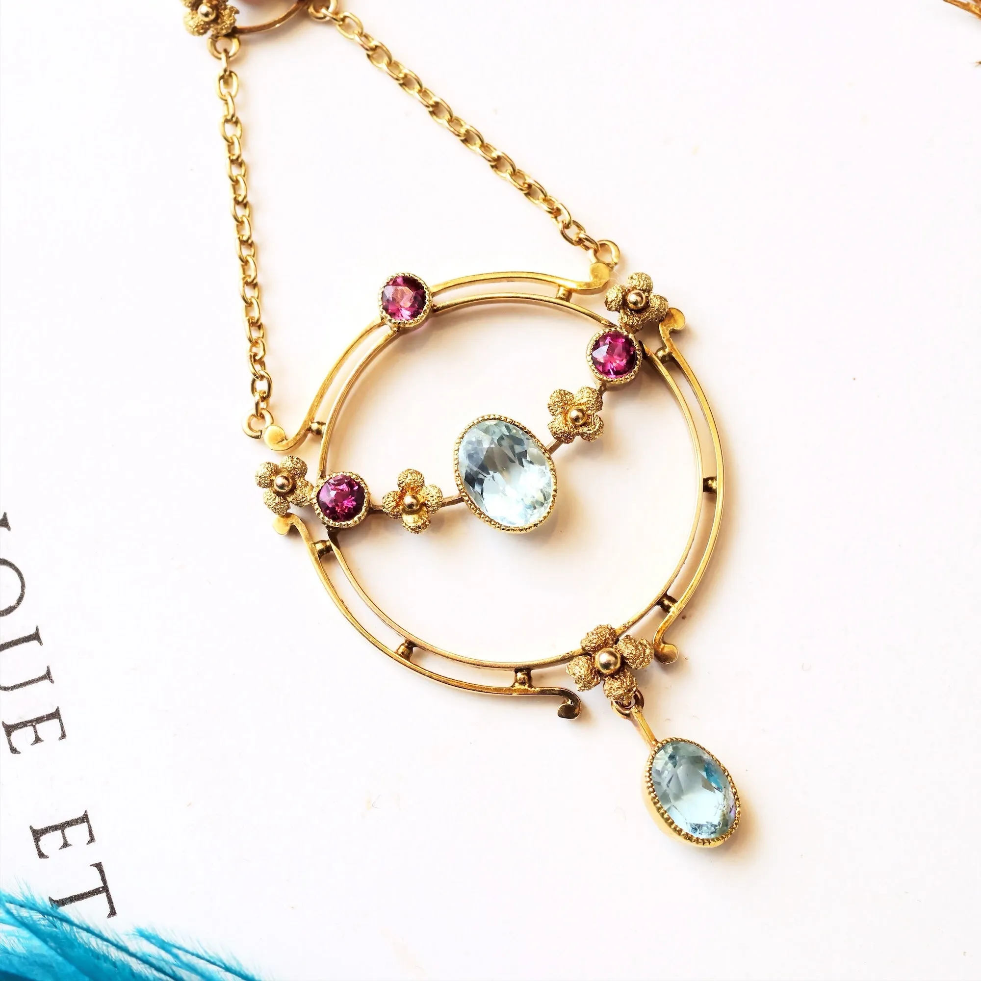 Antique Edwardian Aquamarine & Tourmaline Lavaliere Pendant