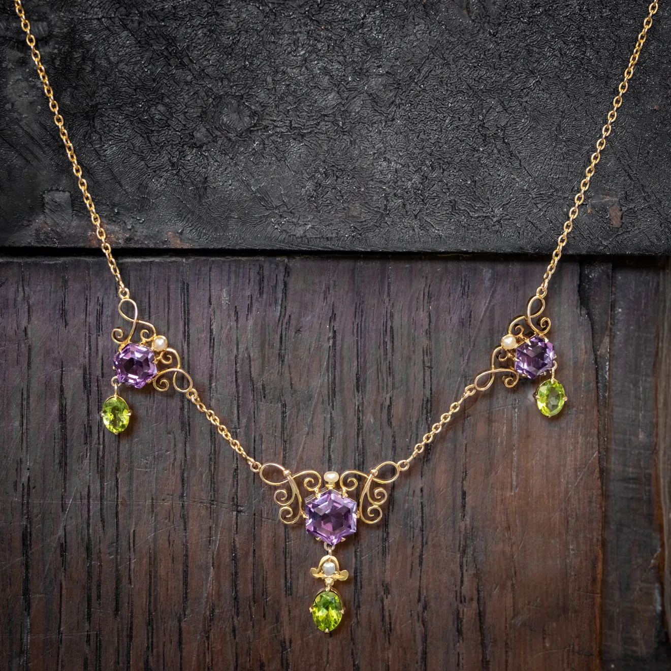 Antique Edwardian Suffragette Amethyst Peridot Necklace 9Ct Gold Circa 1910