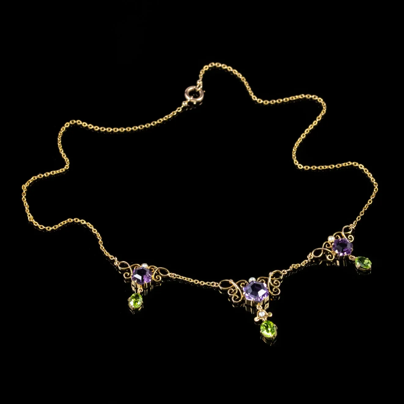 Antique Edwardian Suffragette Amethyst Peridot Necklace 9Ct Gold Circa 1910