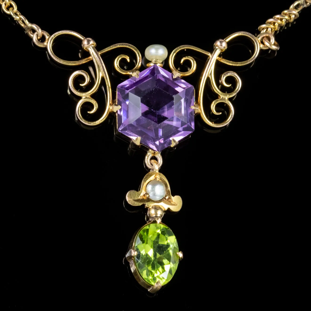 Antique Edwardian Suffragette Amethyst Peridot Necklace 9Ct Gold Circa 1910