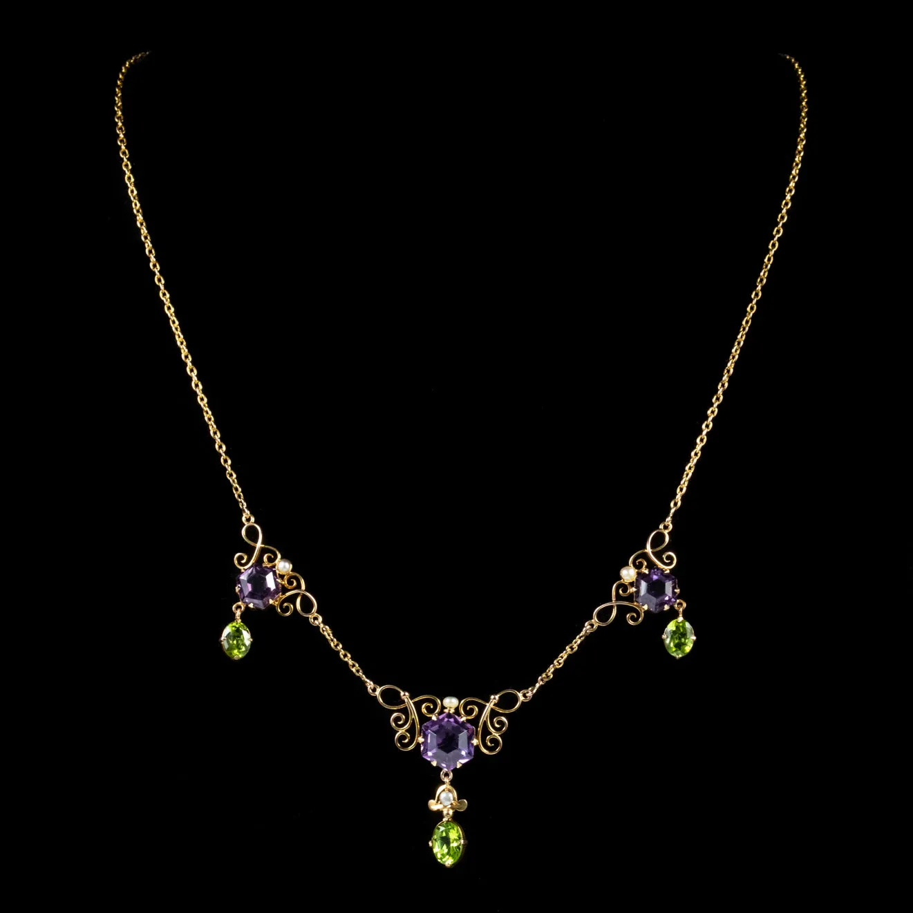 Antique Edwardian Suffragette Amethyst Peridot Necklace 9Ct Gold Circa 1910