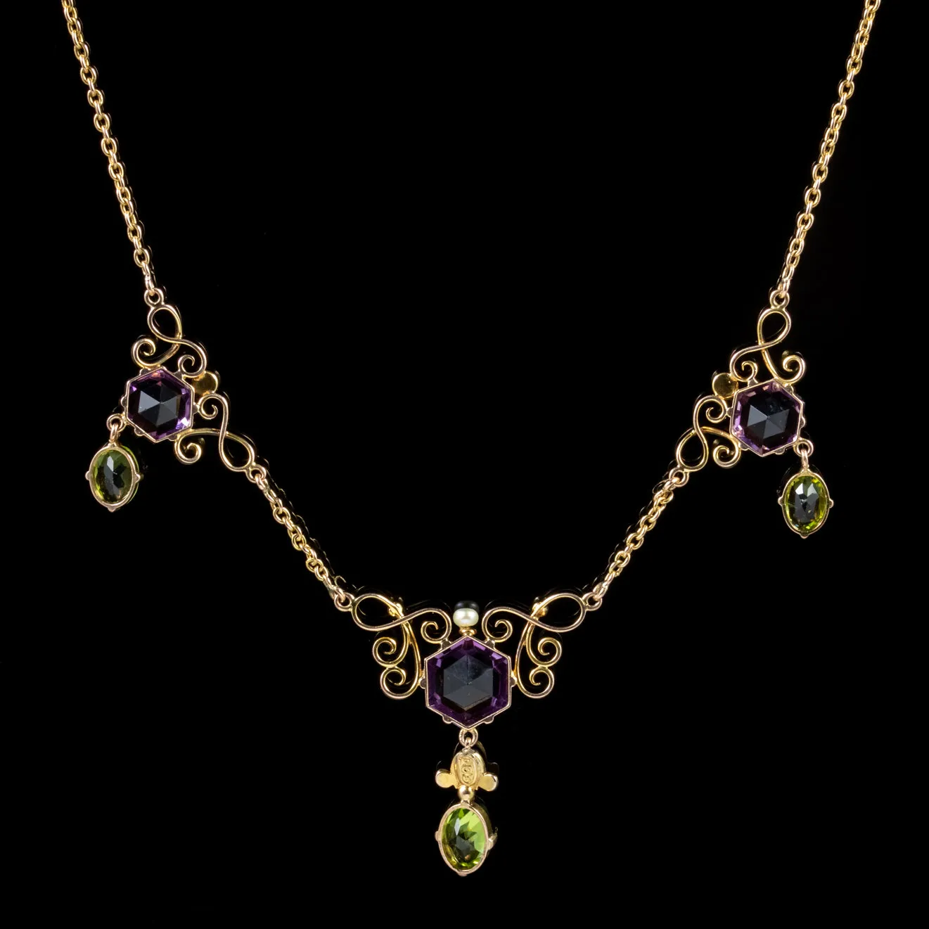 Antique Edwardian Suffragette Amethyst Peridot Necklace 9Ct Gold Circa 1910
