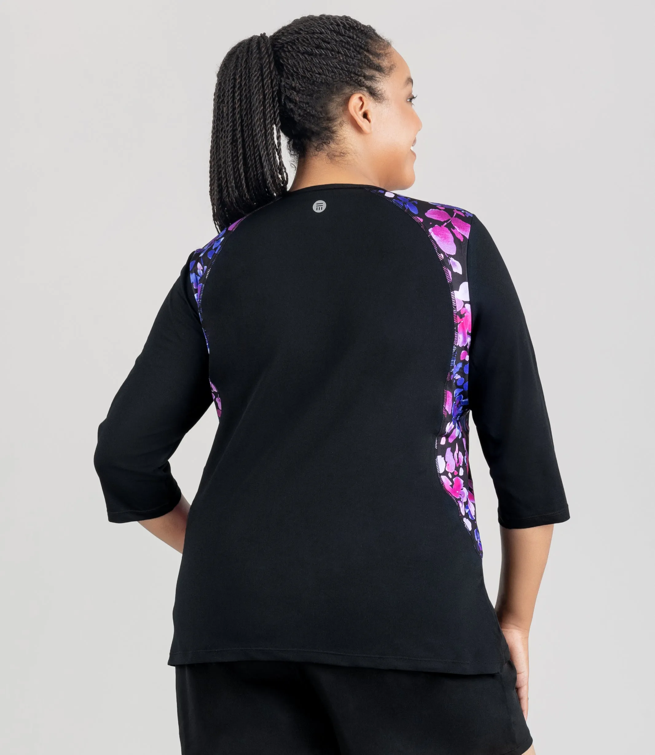 AquaSport 3/4 Sleeve Rash Guard Floral Elegance Print Black