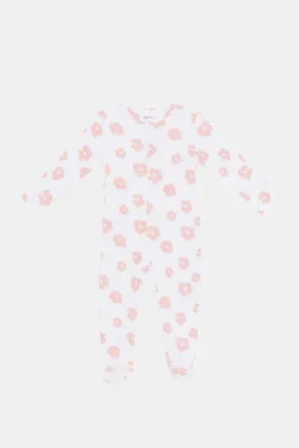 Babies White Floral Printed Sleepsuit