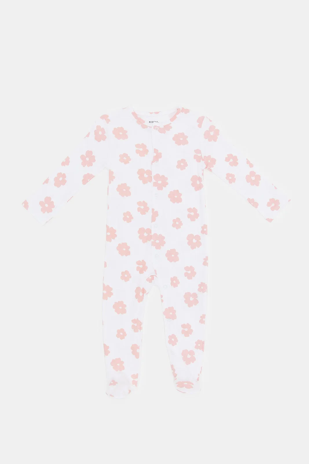 Babies White Floral Printed Sleepsuit