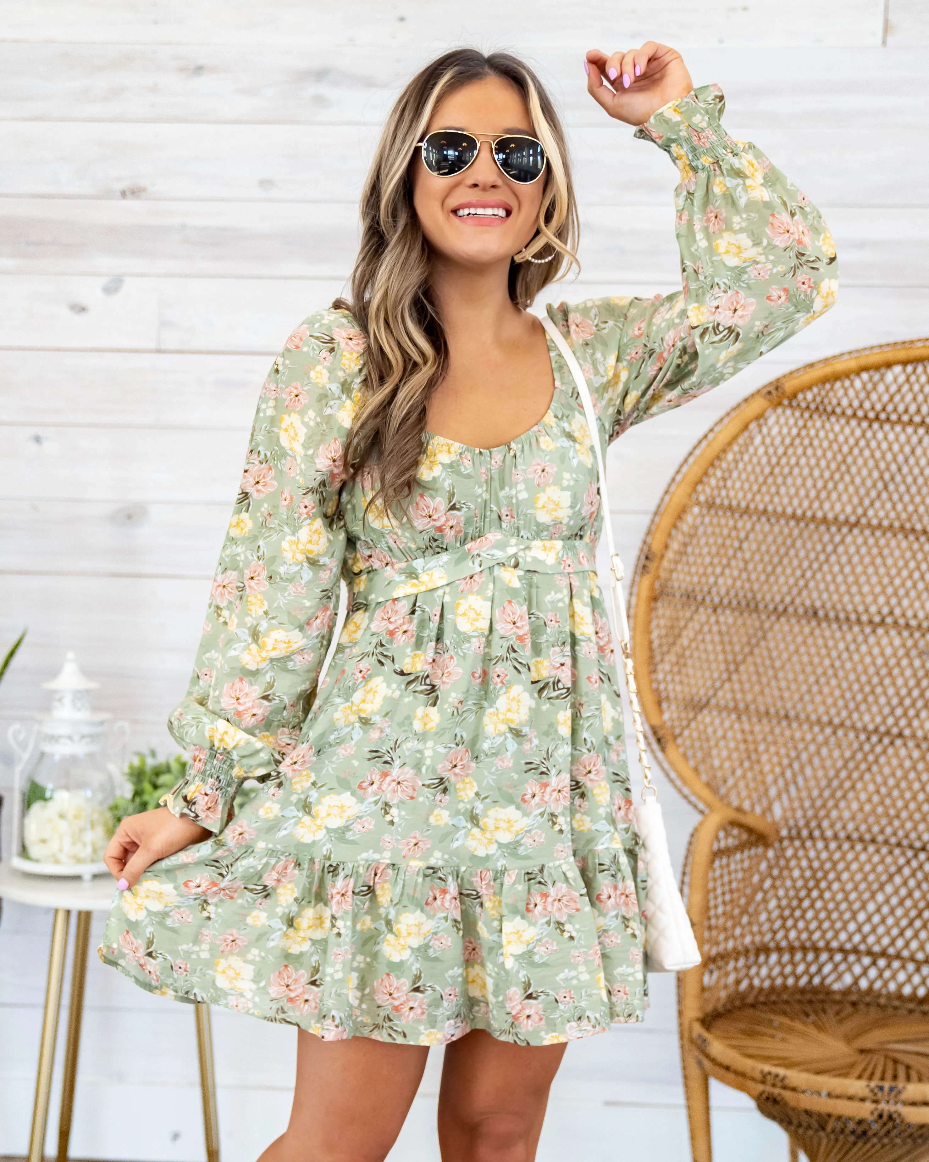 Bianca Floral Sweetheart Neckline Dress - Light Olive