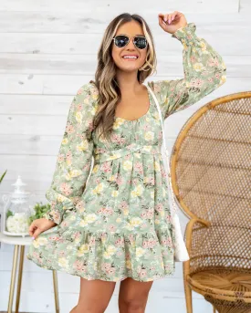 Bianca Floral Sweetheart Neckline Dress - Light Olive