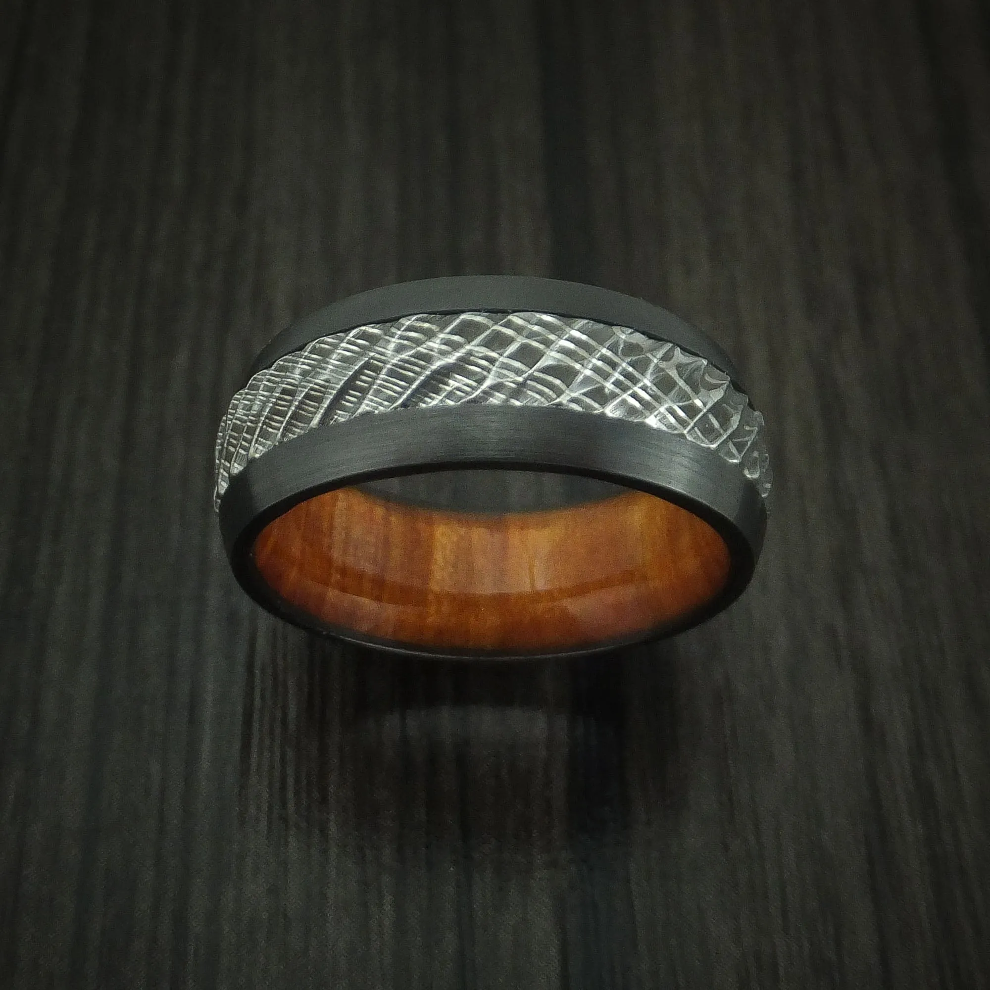 Black Titanium and Damascus Steel Men's Ring with Tree Bark Carved Finish and Osage Orange Hardwood Sleeve Custom Made Band