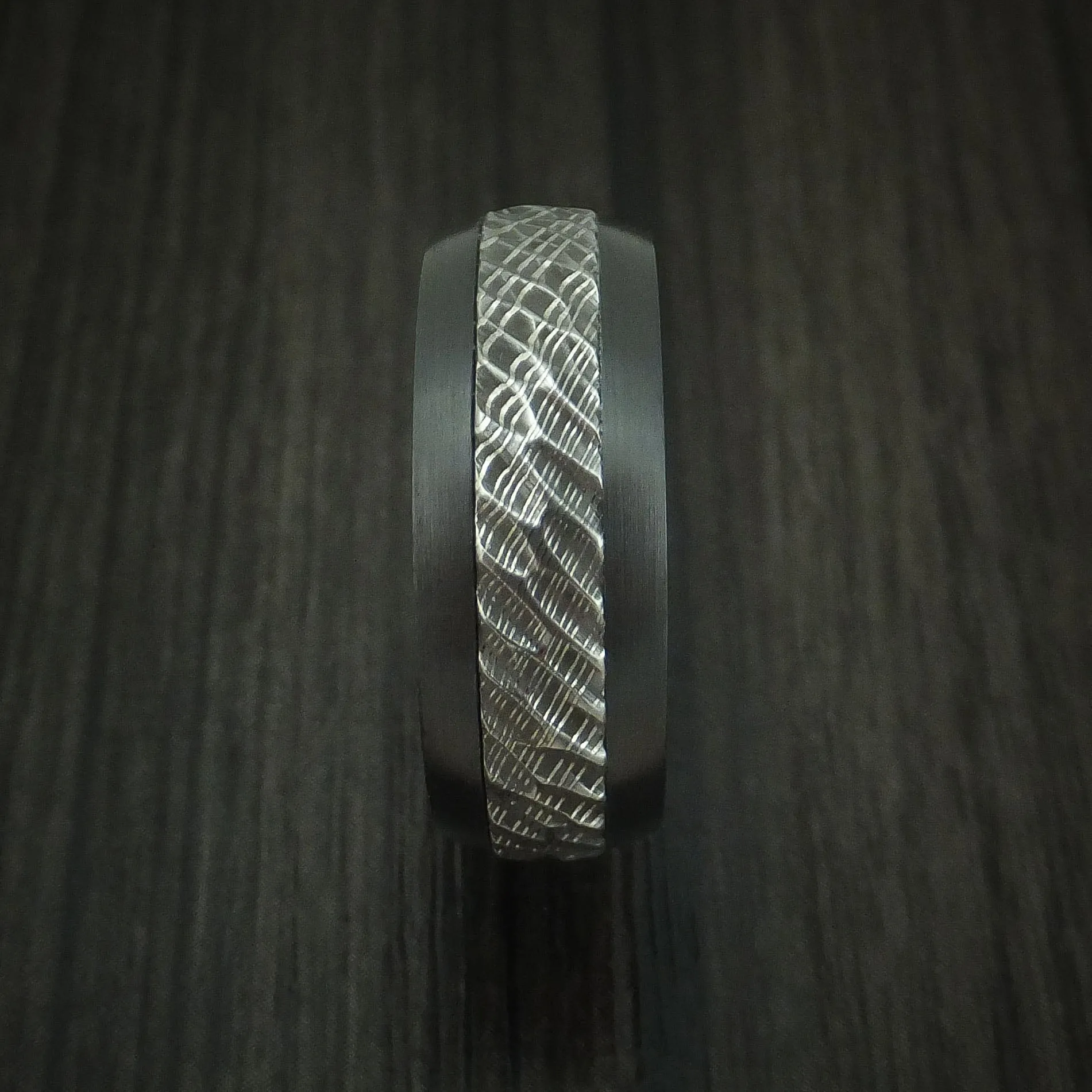Black Titanium and Damascus Steel Men's Ring with Tree Bark Carved Finish and Osage Orange Hardwood Sleeve Custom Made Band