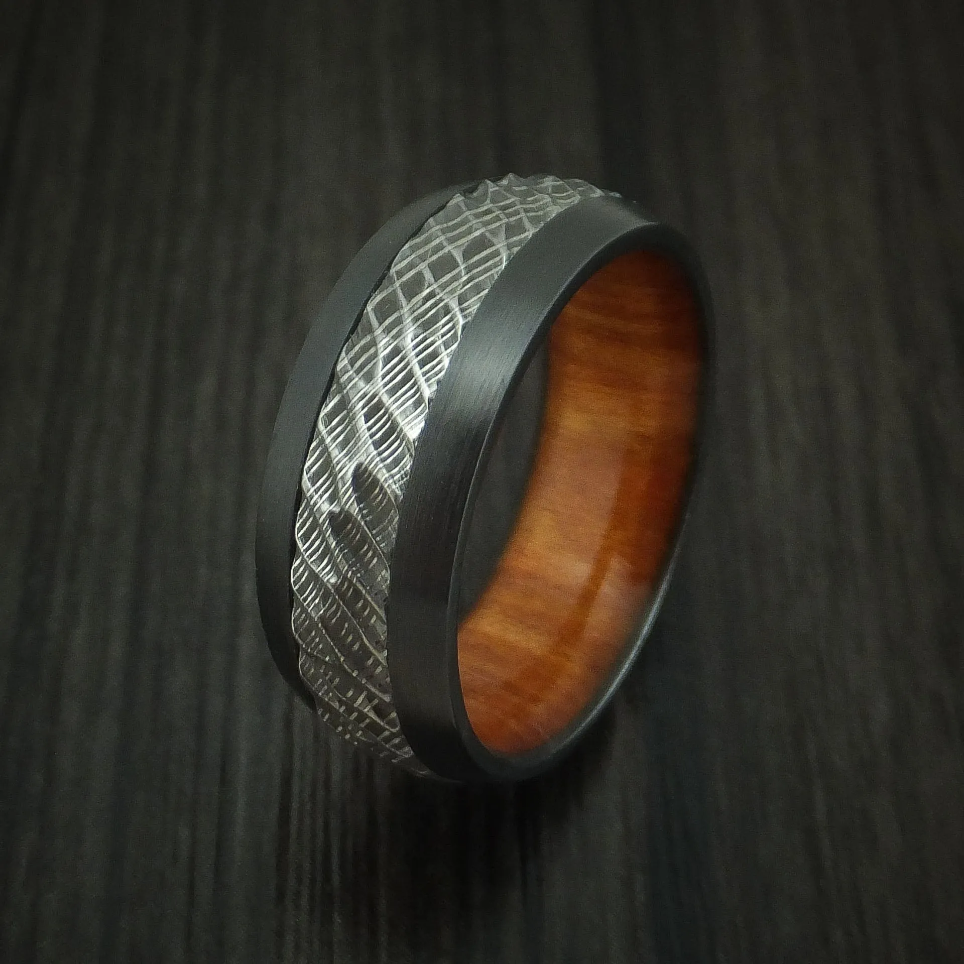 Black Titanium and Damascus Steel Men's Ring with Tree Bark Carved Finish and Osage Orange Hardwood Sleeve Custom Made Band