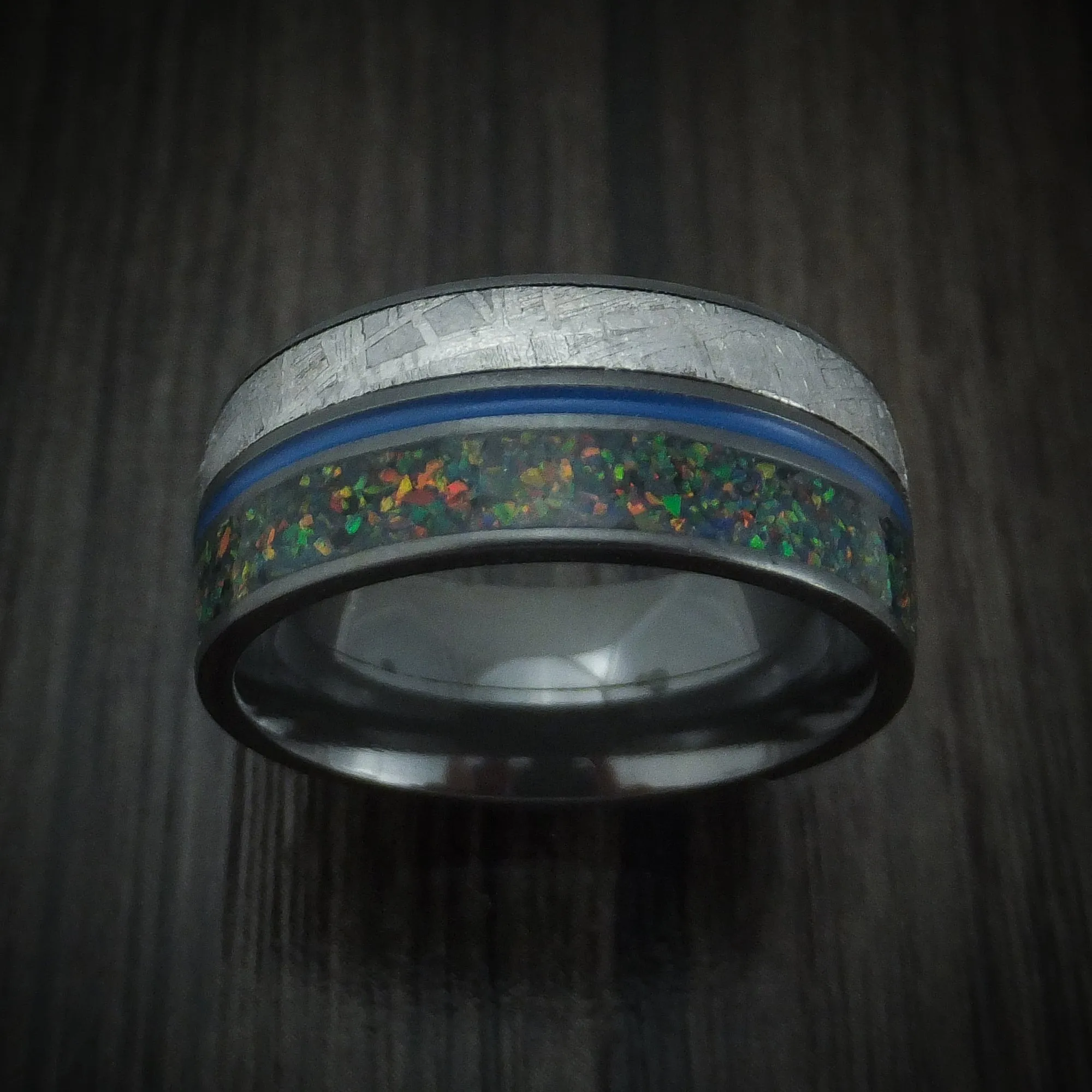 Black Titanium Gibeon Meteorite and Opal Men's Ring with Cerakote Custom Made Band