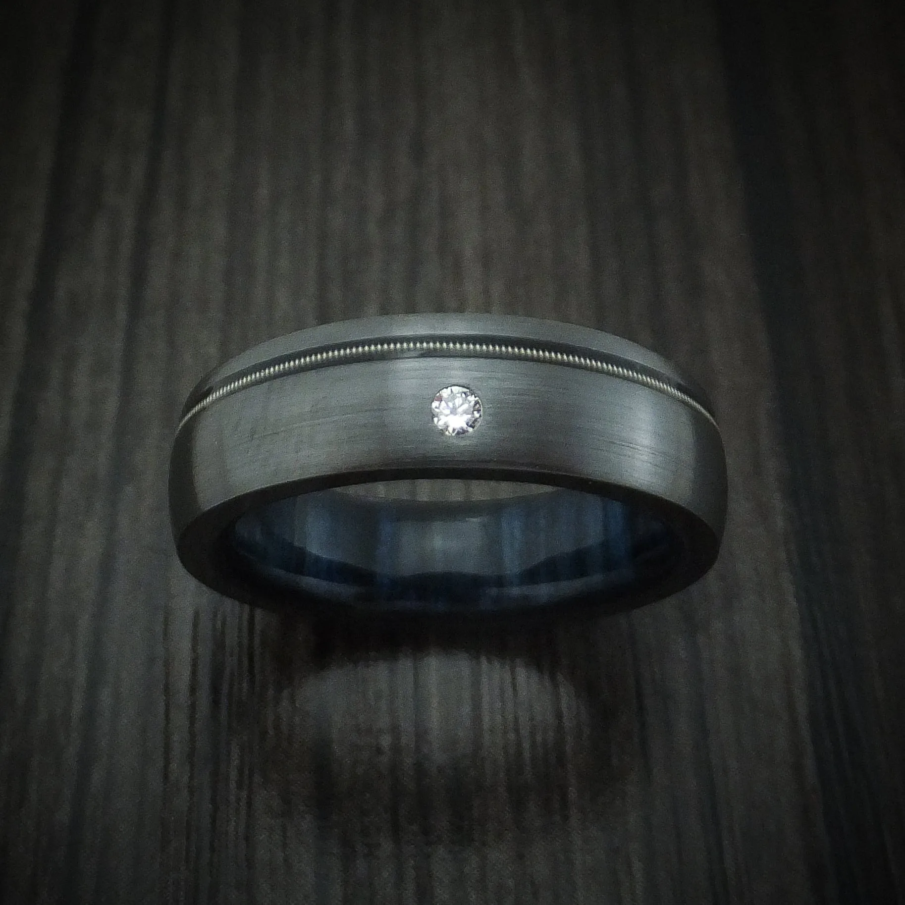 Black Titanium Guitar String Men's Ring with Diamond and Wood Sleeve Custom Made