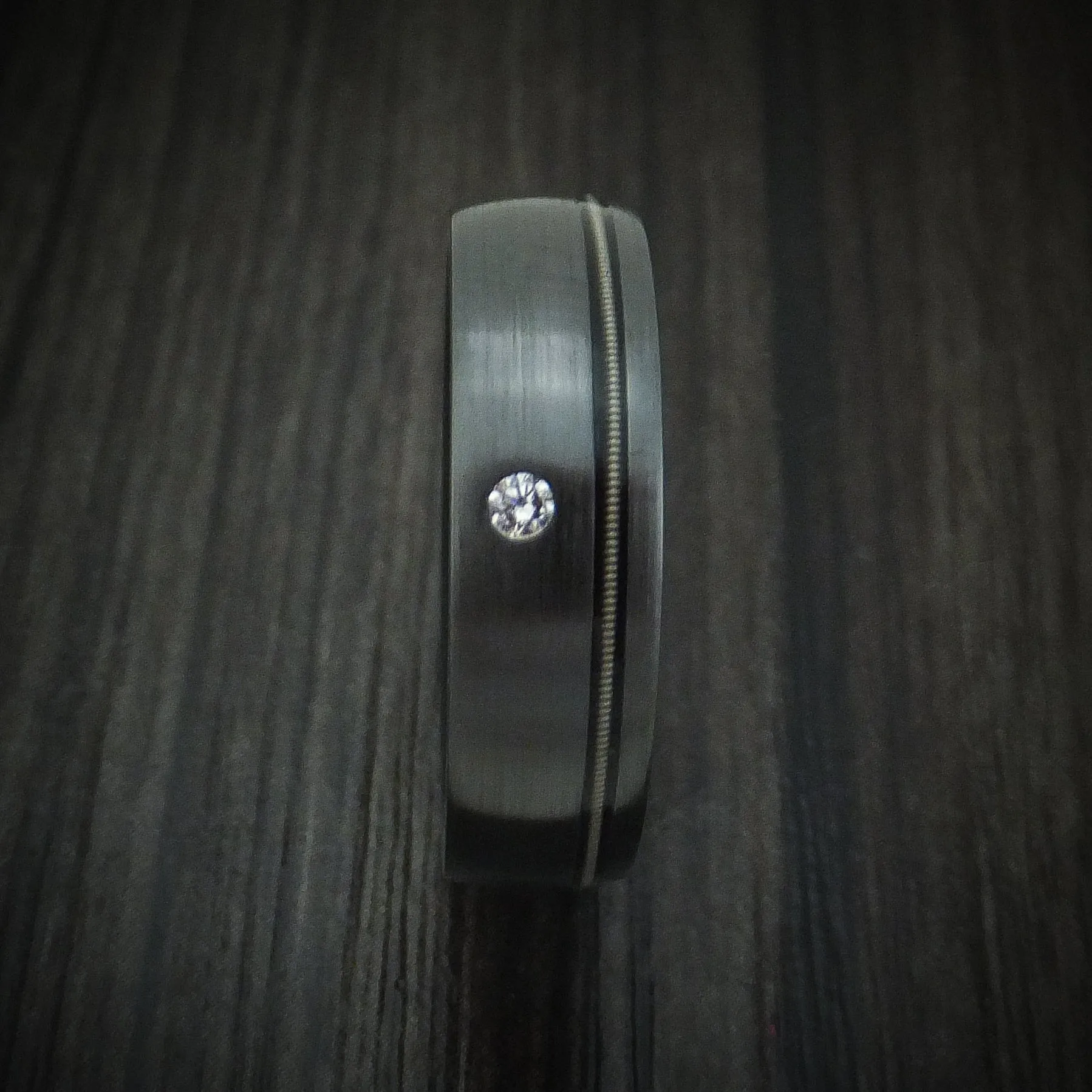 Black Titanium Guitar String Men's Ring with Diamond and Wood Sleeve Custom Made