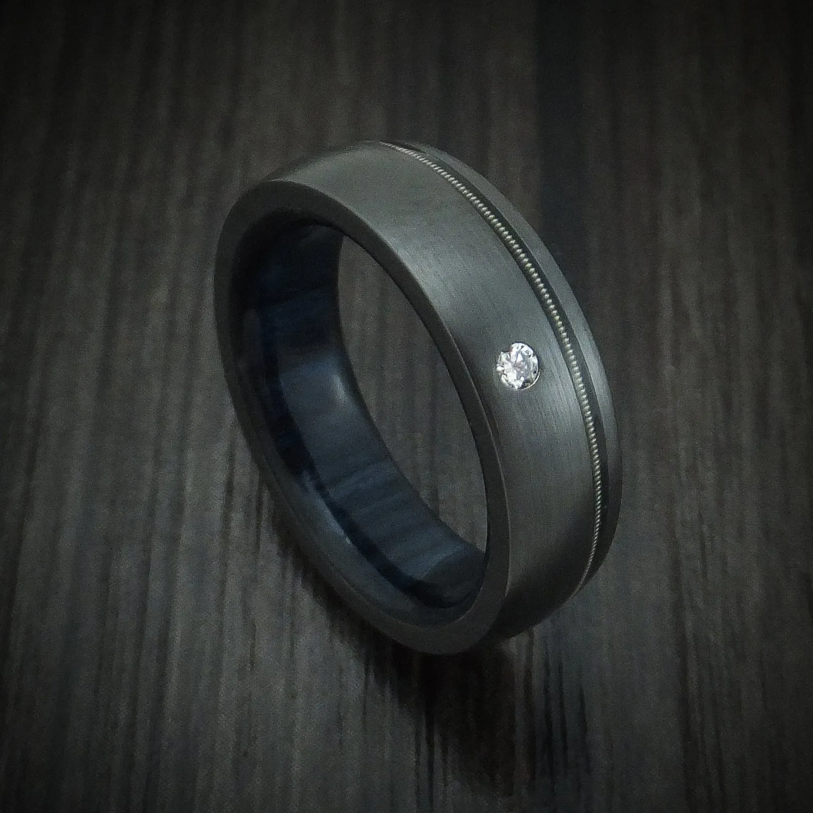 Black Titanium Guitar String Men's Ring with Diamond and Wood Sleeve Custom Made