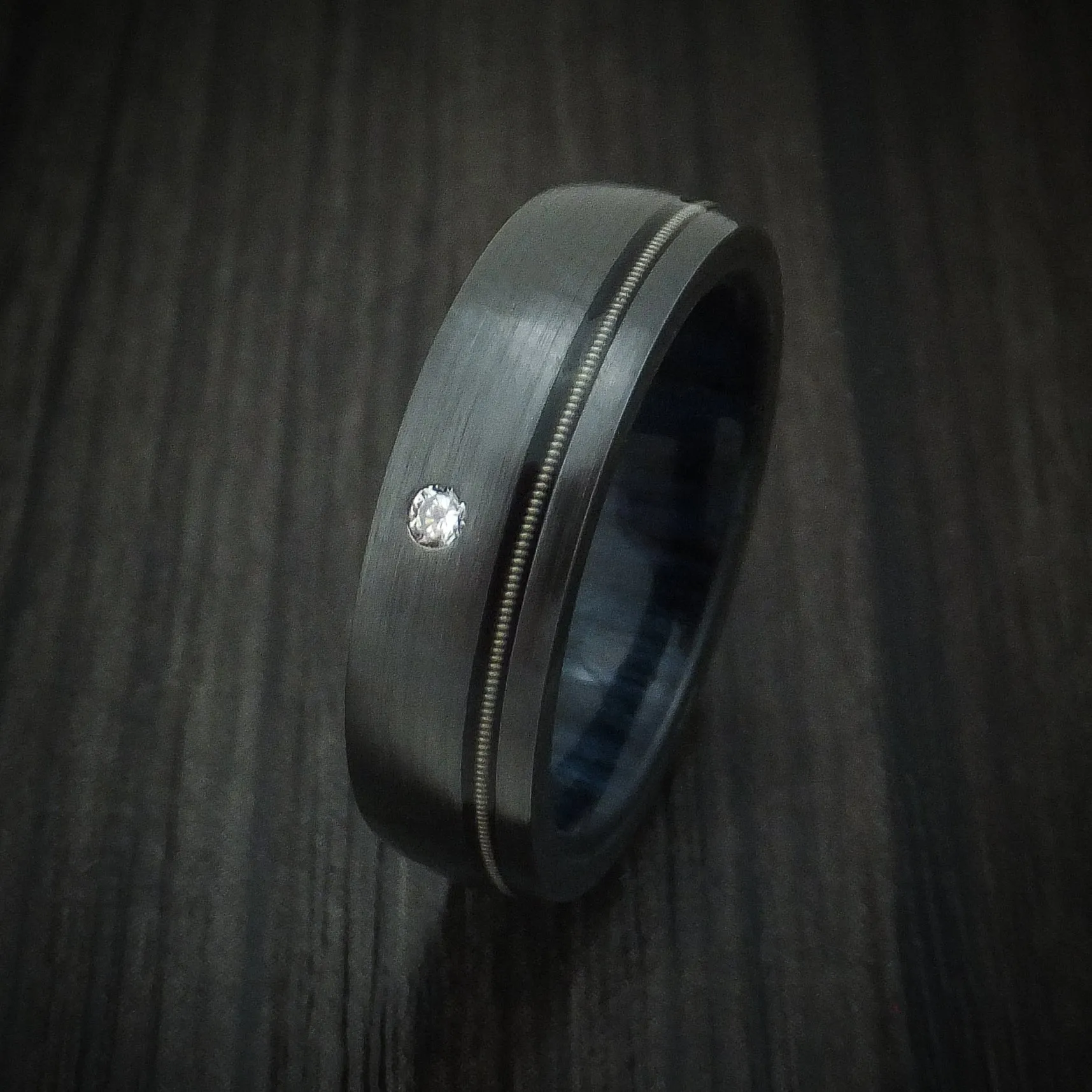Black Titanium Guitar String Men's Ring with Diamond and Wood Sleeve Custom Made
