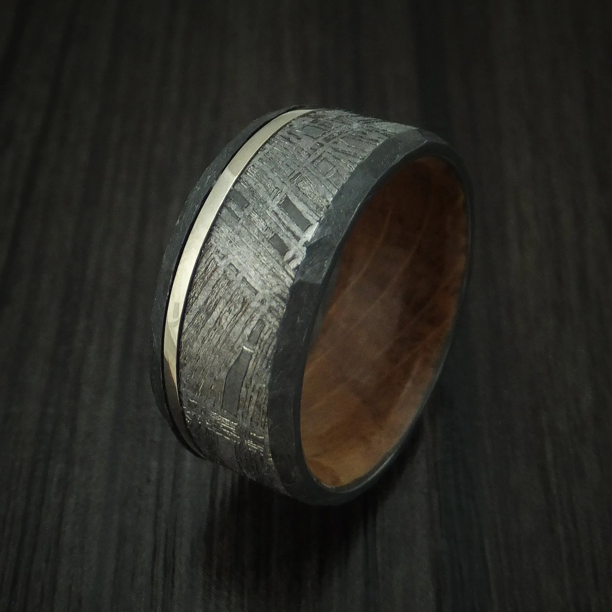 Black Zirconium and Meteorite Men's Ring with Platinum and Wood Sleeve Custom Made