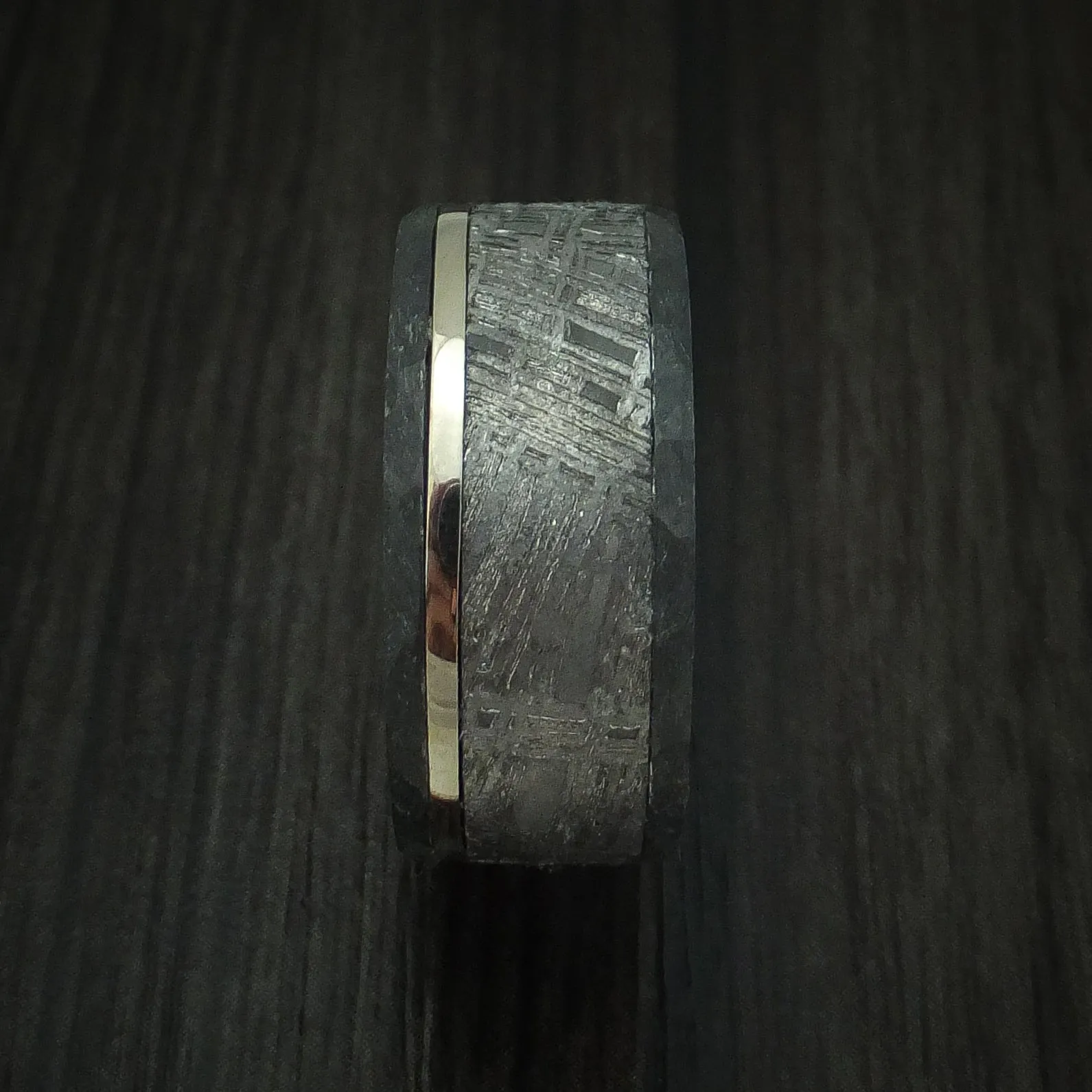 Black Zirconium and Meteorite Men's Ring with Platinum and Wood Sleeve Custom Made