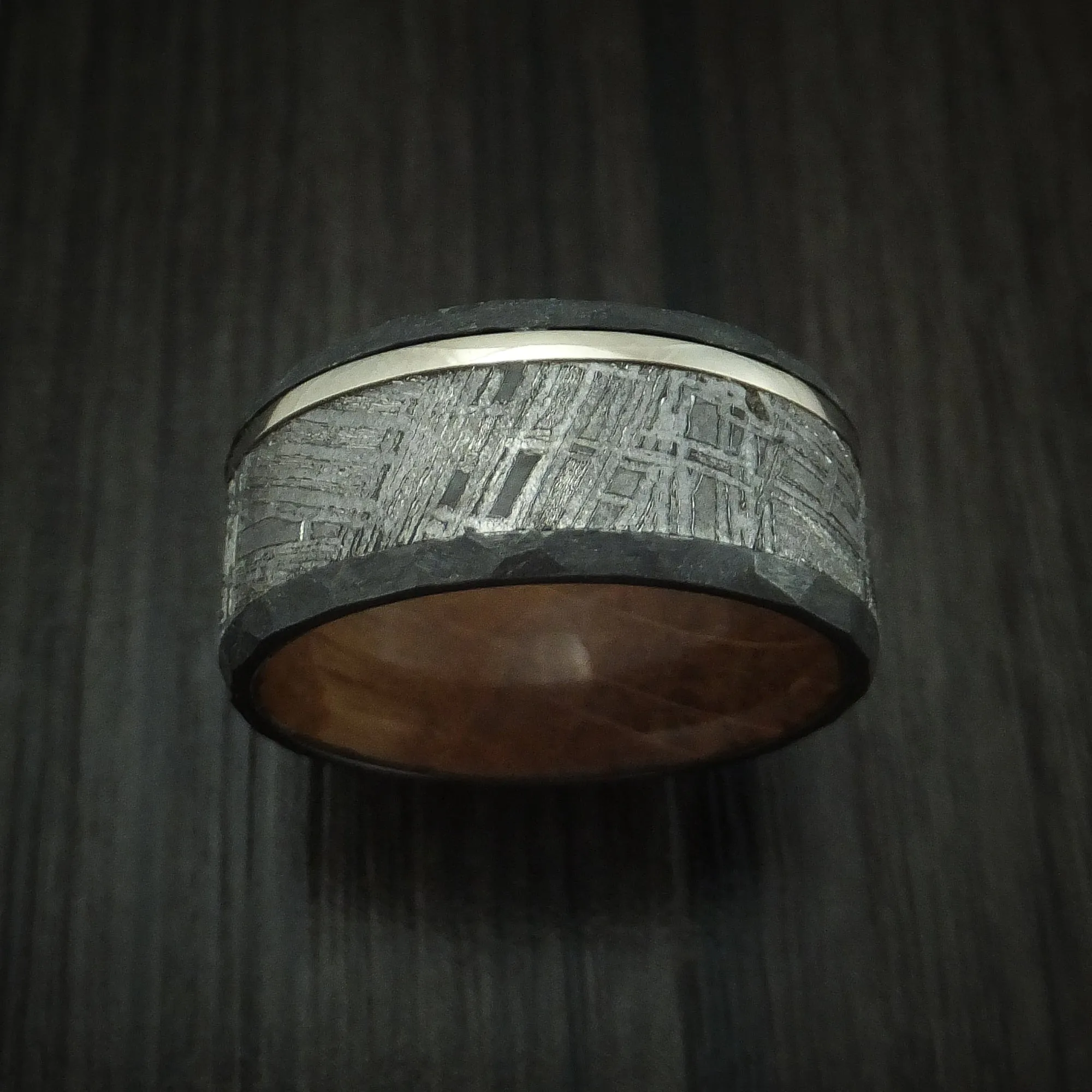 Black Zirconium and Meteorite Men's Ring with Platinum and Wood Sleeve Custom Made
