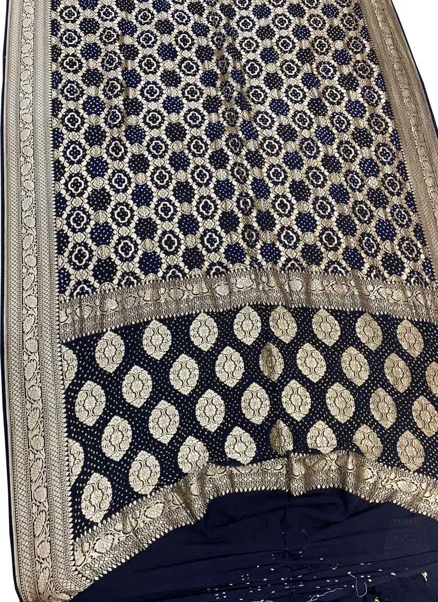 Blue Banarasi Bandhani Pure Georgette Neemzari Saree