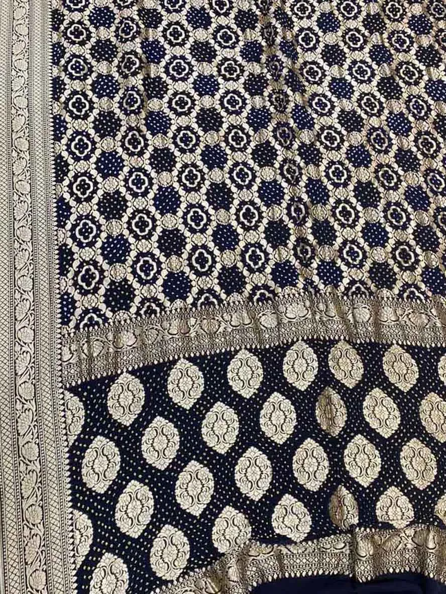 Blue Banarasi Bandhani Pure Georgette Neemzari Saree
