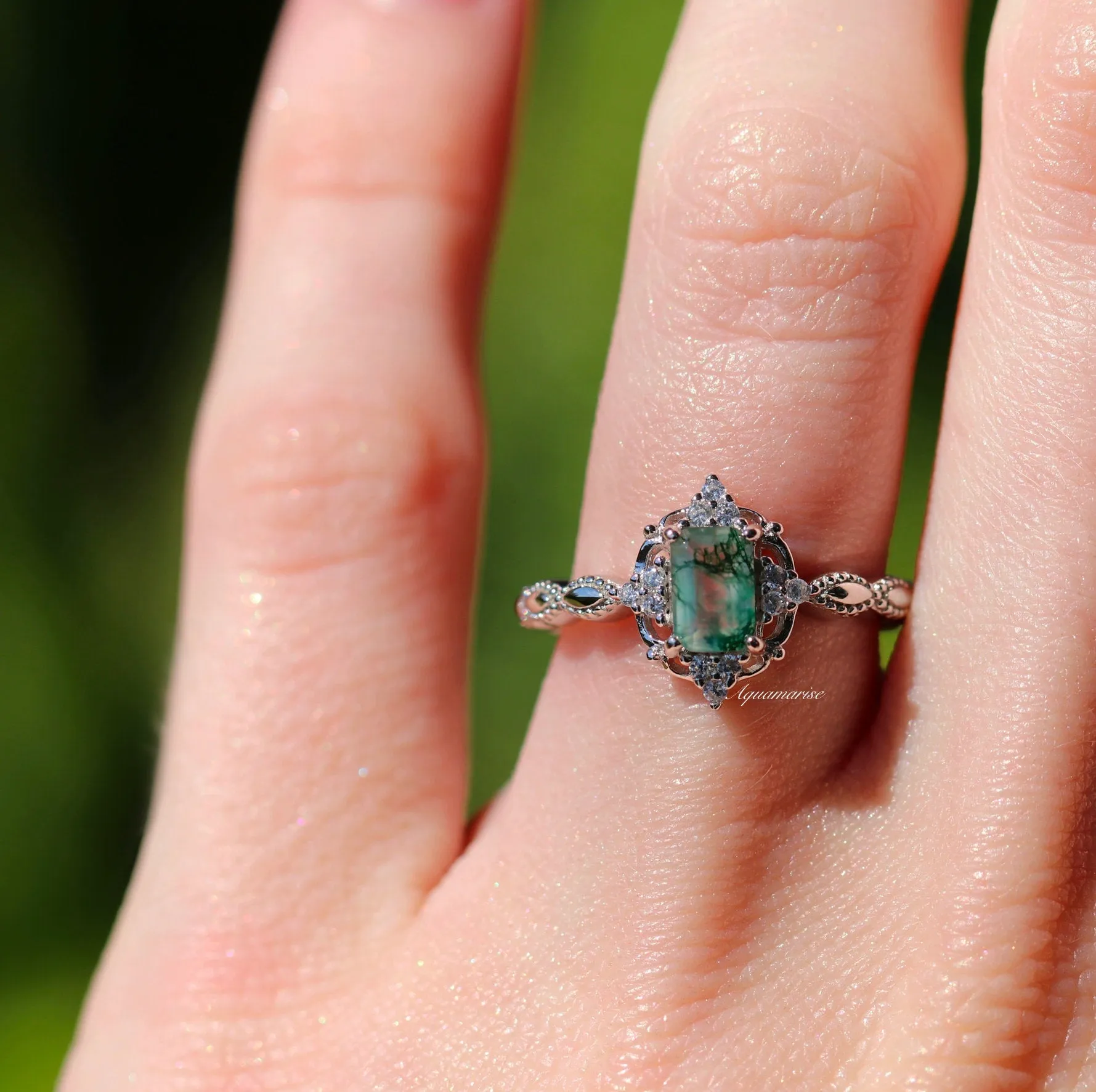 Claire Vintage Green Moss Agate Ring- Sterling Silver