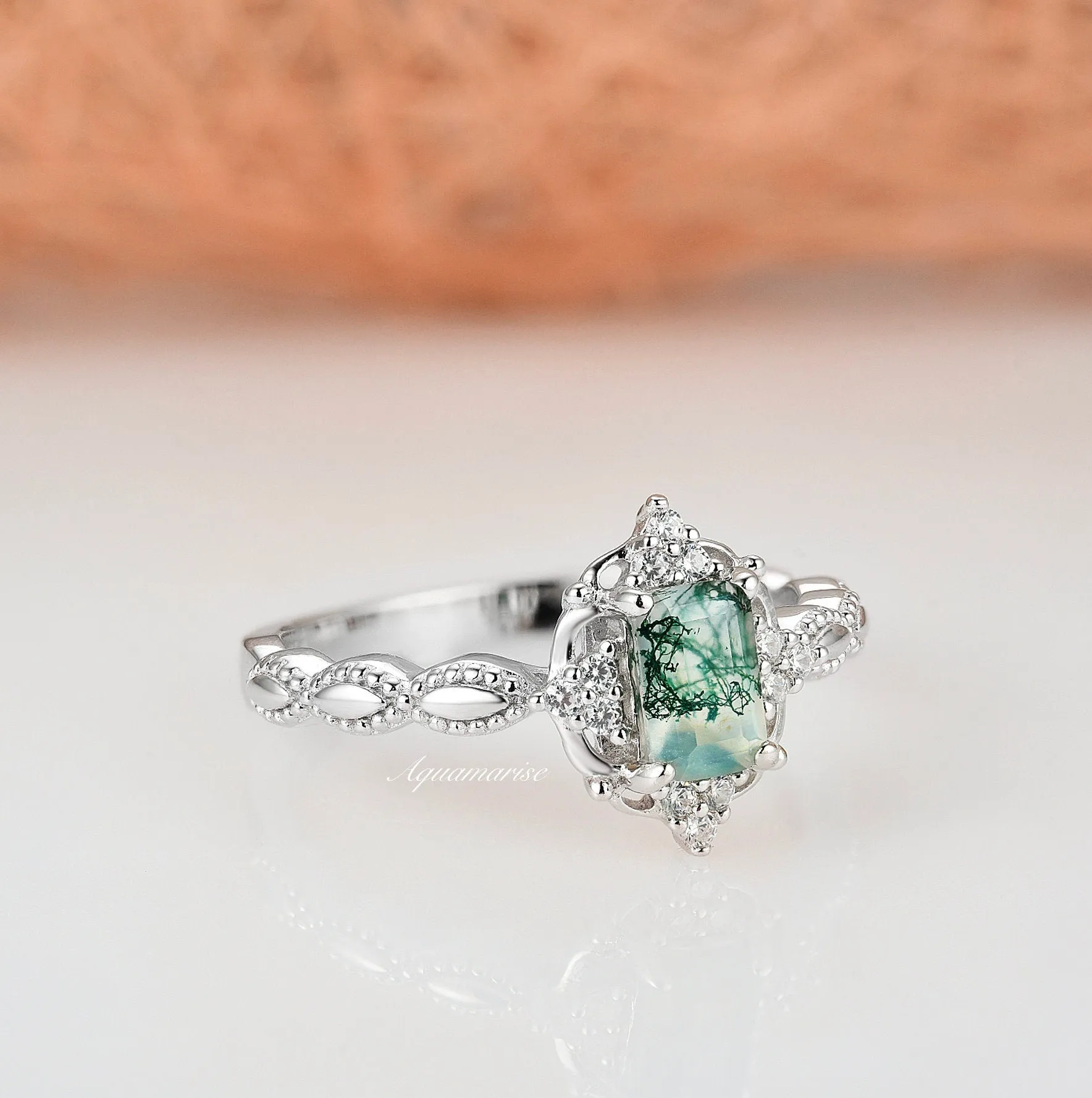 Claire Vintage Green Moss Agate Ring- Sterling Silver