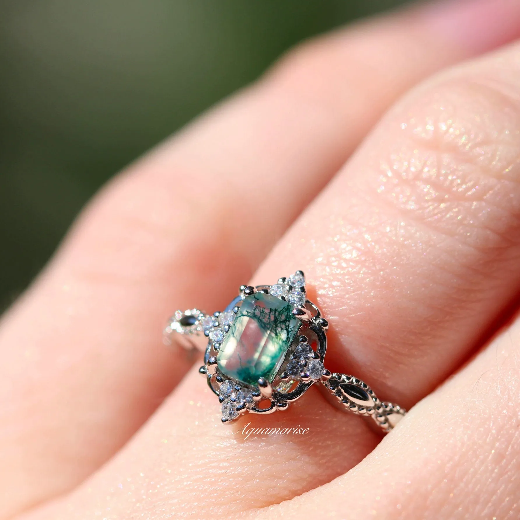 Claire Vintage Green Moss Agate Ring- Sterling Silver