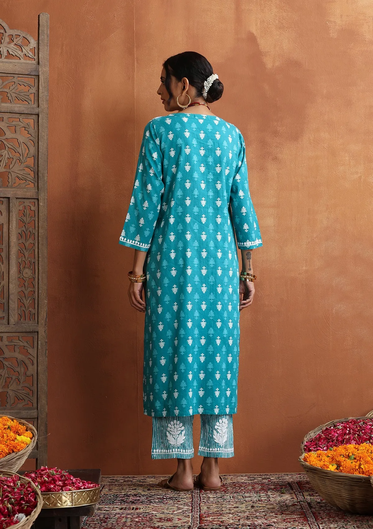 Cotton Chikankari Printed Women's 2 PC Long Kurta Set - Blue