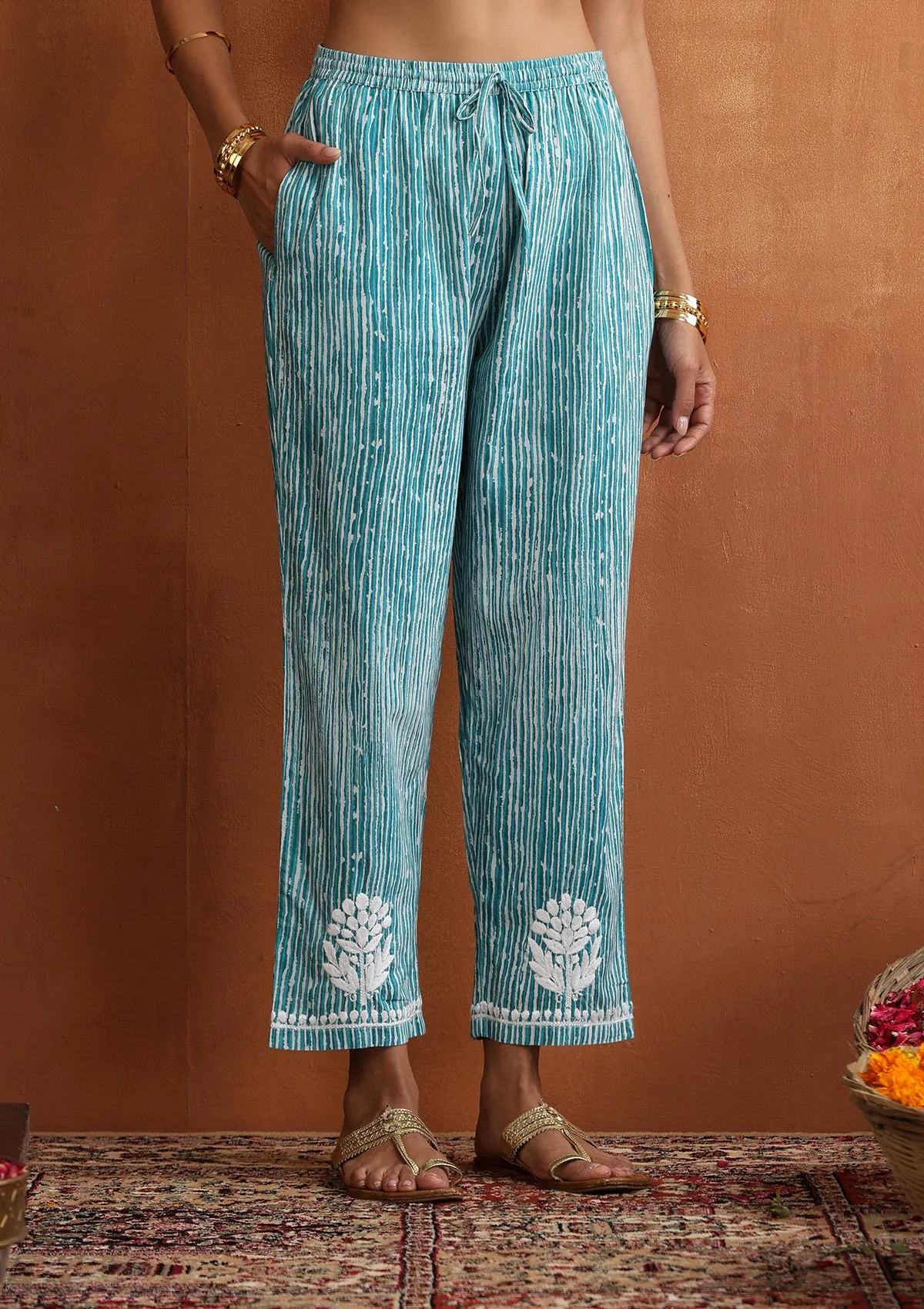 Cotton Chikankari Printed Women's 2 PC Long Kurta Set - Blue