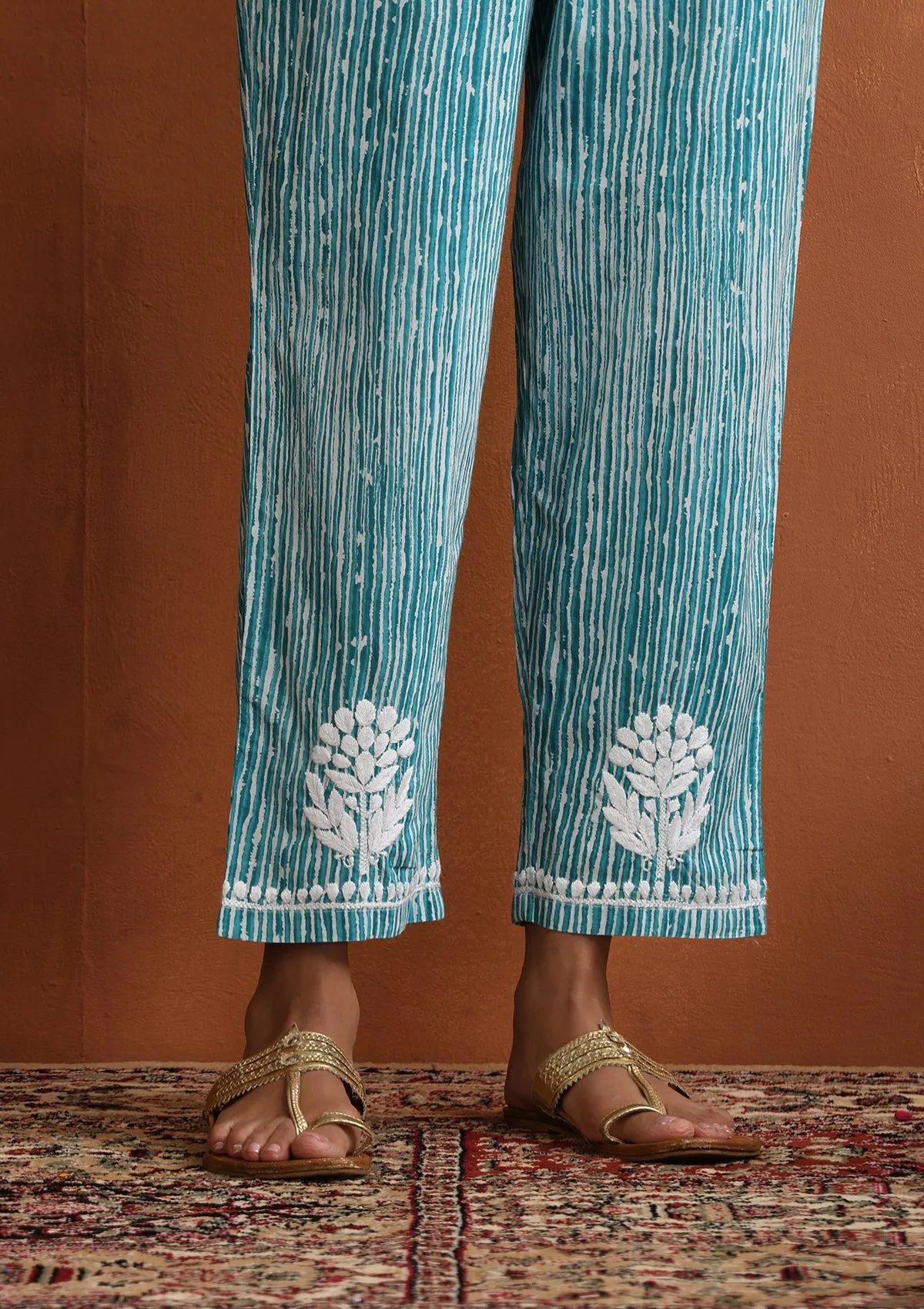 Cotton Chikankari Printed Women's 2 PC Long Kurta Set - Blue