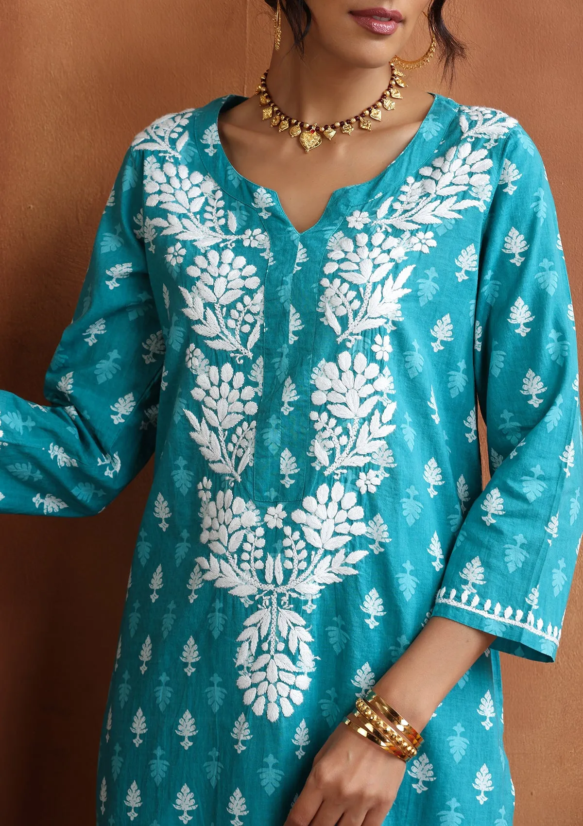 Cotton Chikankari Printed Women's 2 PC Long Kurta Set - Blue