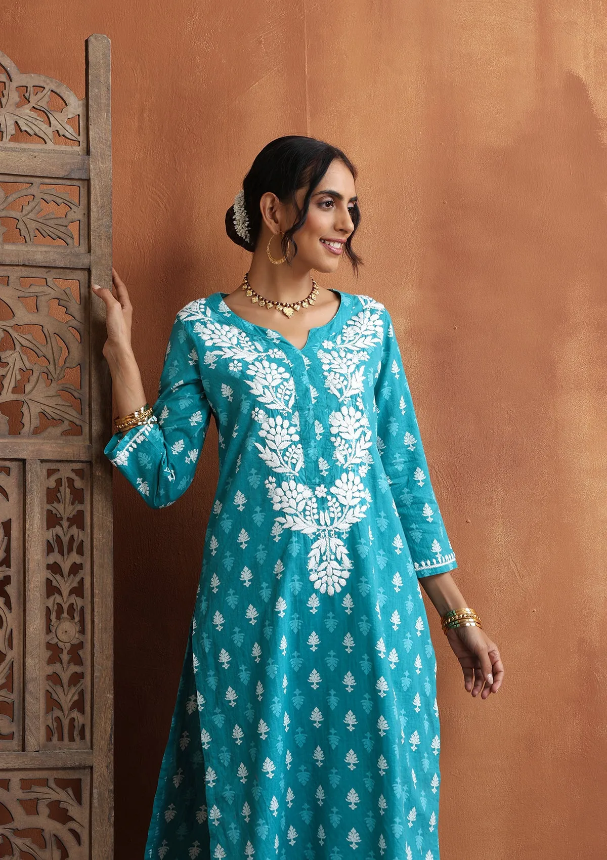 Cotton Chikankari Printed Women's 2 PC Long Kurta Set - Blue