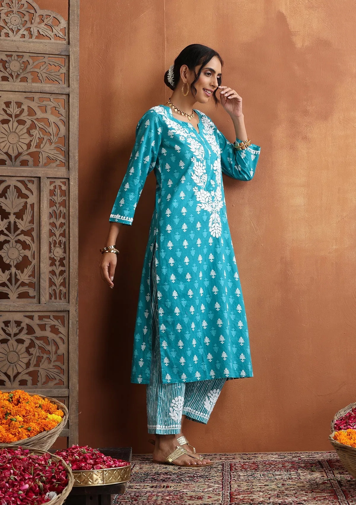 Cotton Chikankari Printed Women's 2 PC Long Kurta Set - Blue