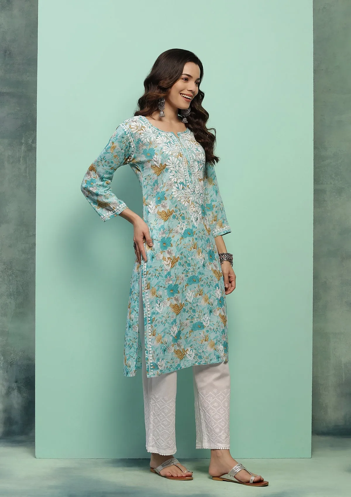 Cotton Chikankari Printed Women's Long Kurta - Blue