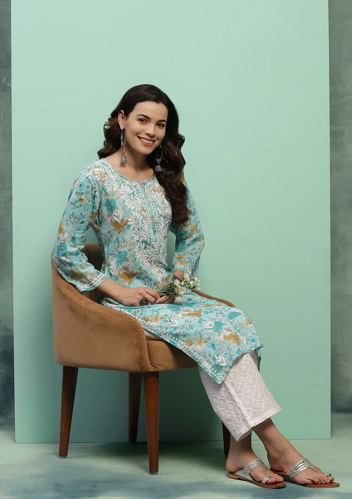 Cotton Chikankari Printed Women's Long Kurta - Blue