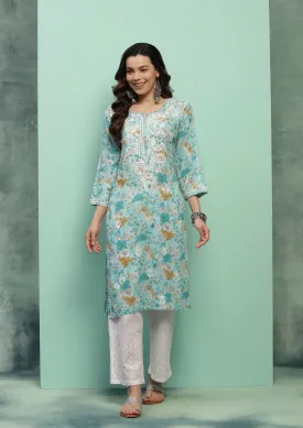 Cotton Chikankari Printed Women's Long Kurta - Blue