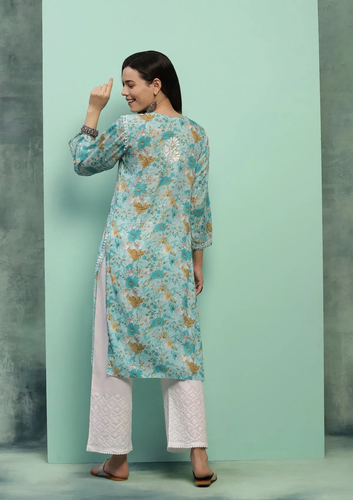 Cotton Chikankari Printed Women's Long Kurta - Blue