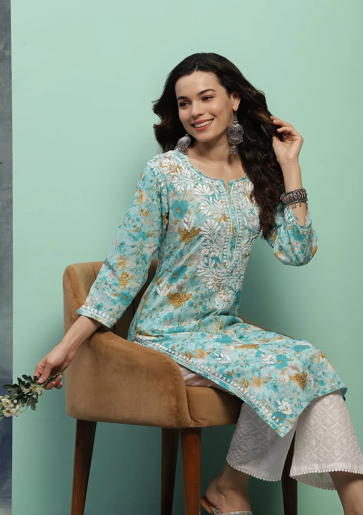 Cotton Chikankari Printed Women's Long Kurta - Blue