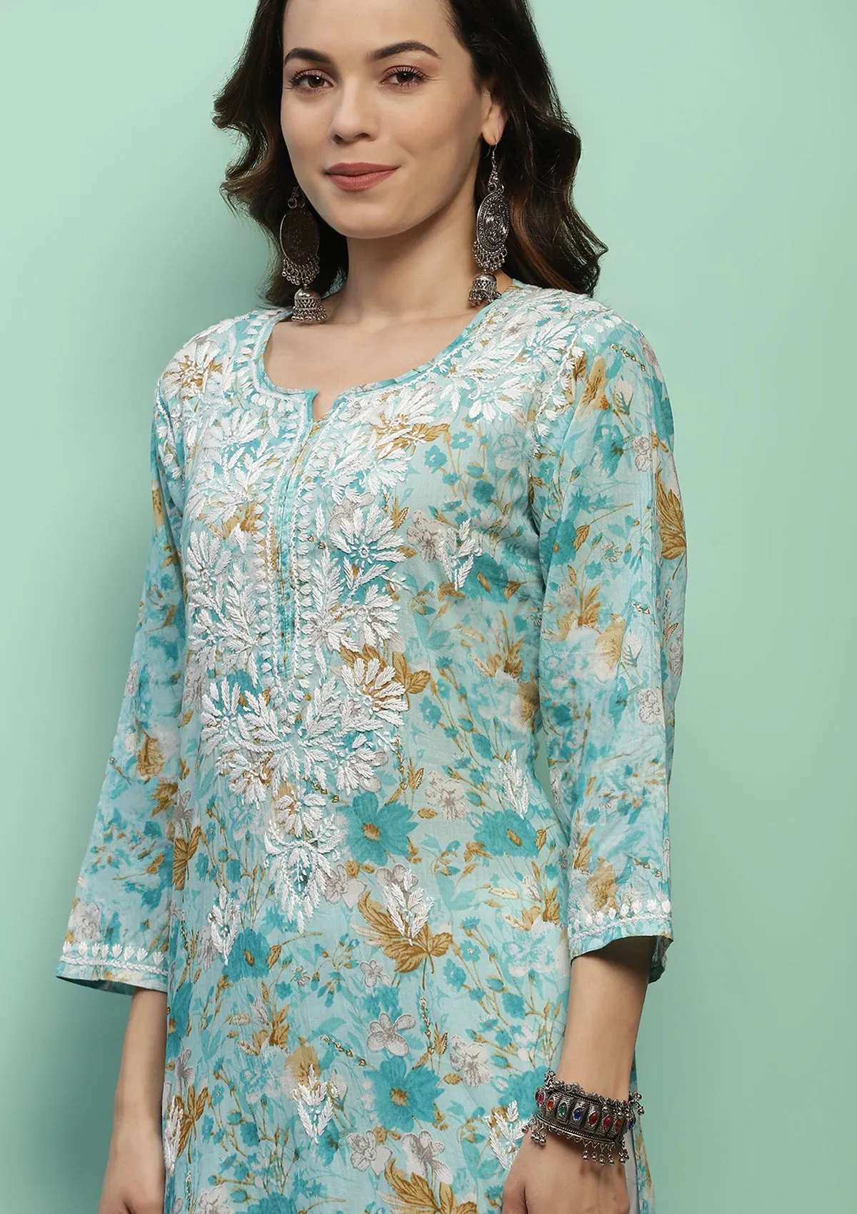 Cotton Chikankari Printed Women's Long Kurta - Blue