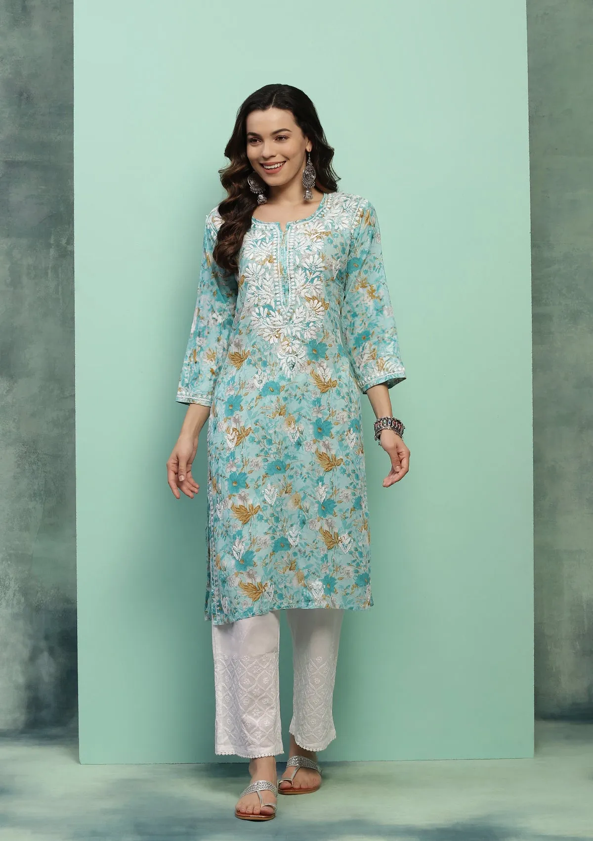 Cotton Chikankari Printed Women's Long Kurta - Blue